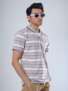 Light Grey Contrast Tipping Collar Multi Color Half Sleeves Striped Polo T-Shirt (POLO-515)