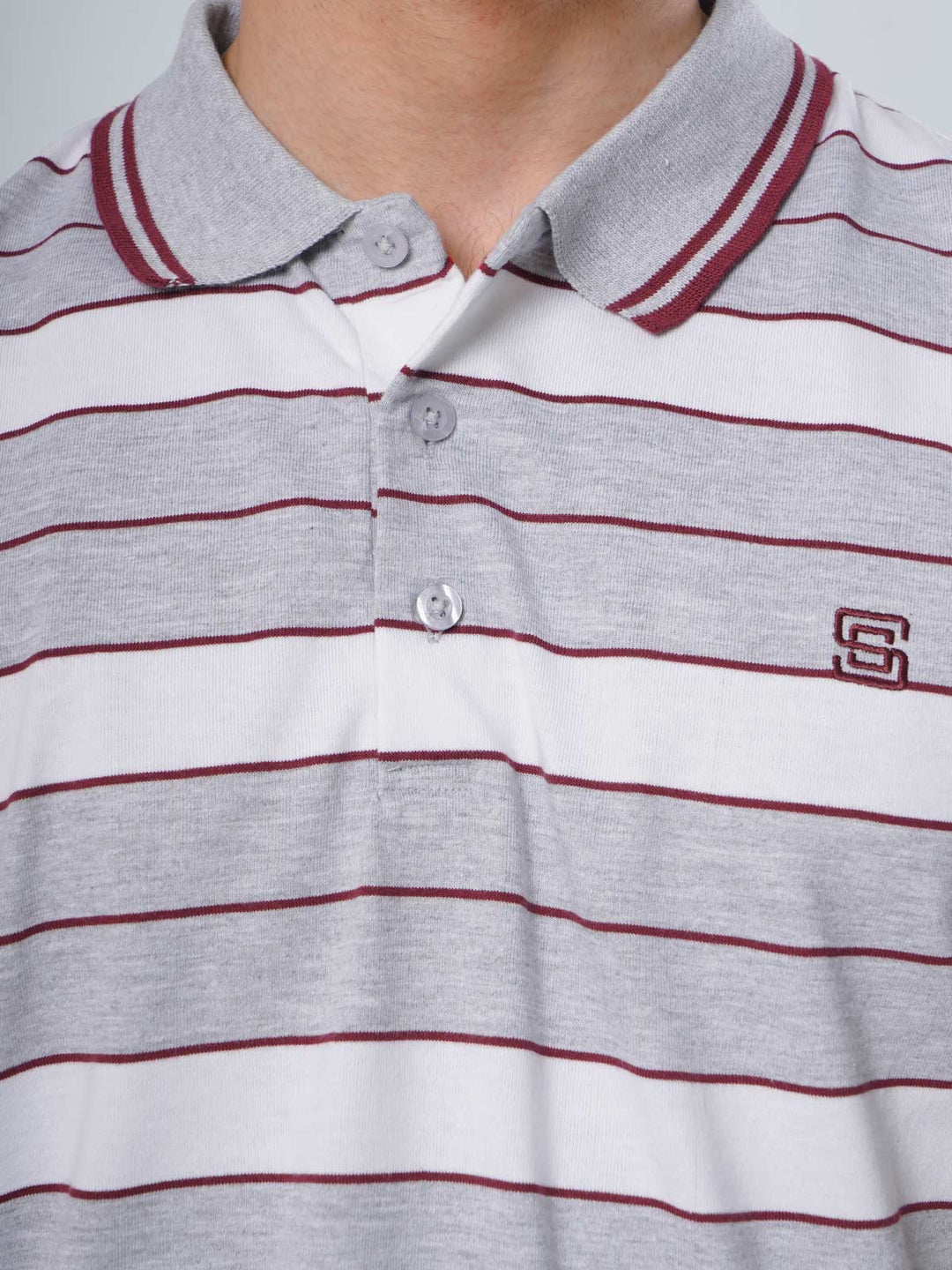 Light Grey Contrast Tipping Collar Multi Color Half Sleeves Striped Polo T-Shirt (POLO-515)