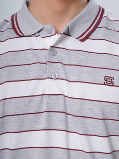 Light Grey Contrast Tipping Collar Multi Color Half Sleeves Striped Polo T-Shirt (POLO-515)