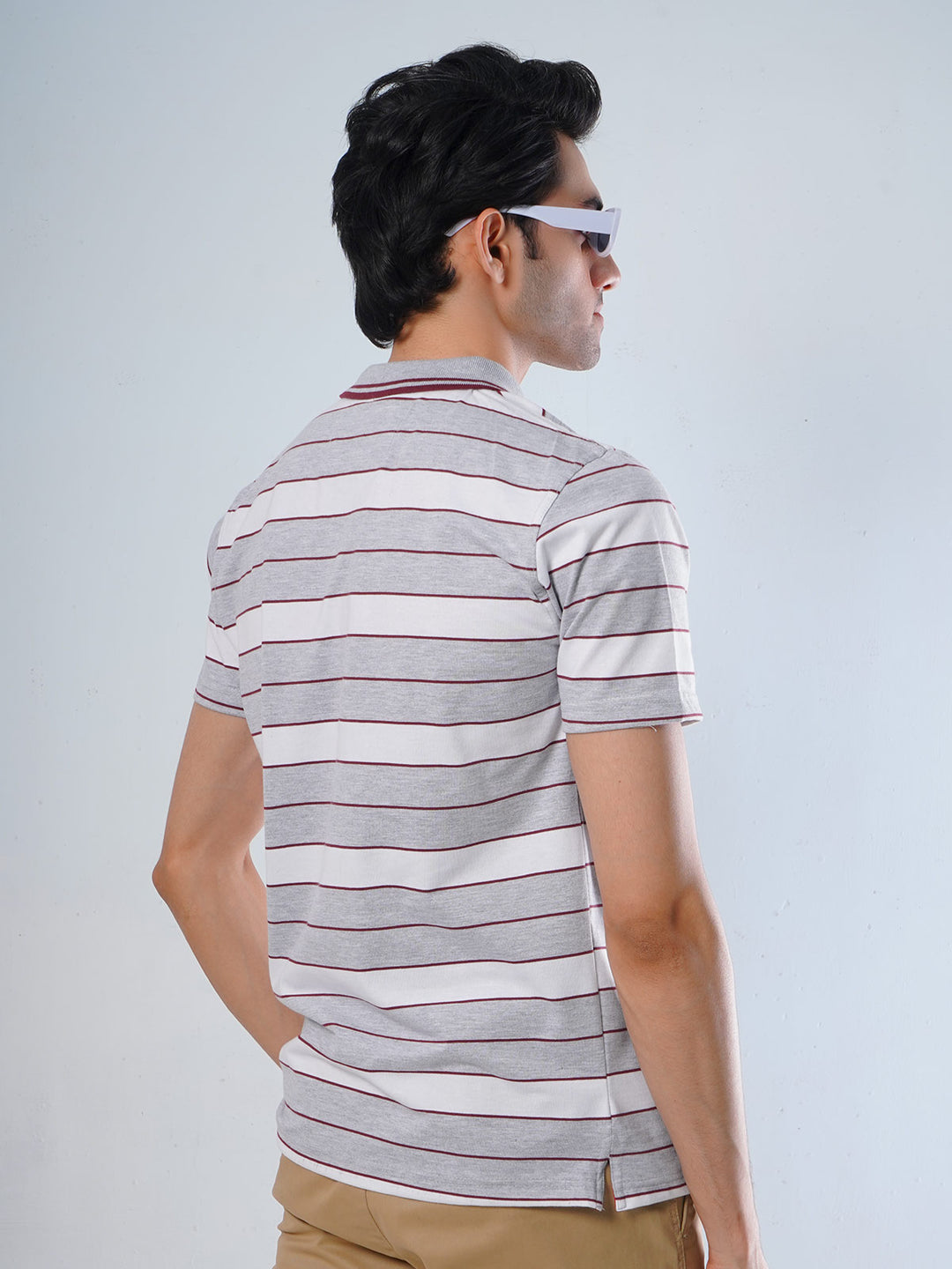 Light Grey Contrast Tipping Collar Multi Color Half Sleeves Striped Polo T-Shirt (POLO-515)