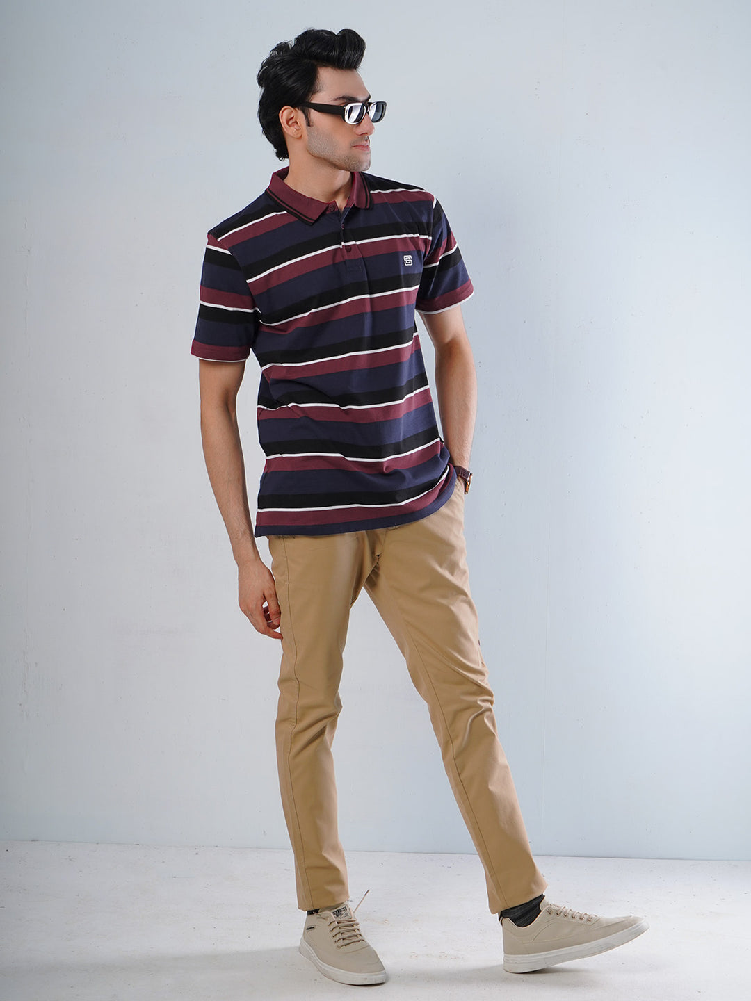 Maroon Contrast Tipping Collar Half Sleeves Multi Color Striped Polo T-Shirt (POLO-516)