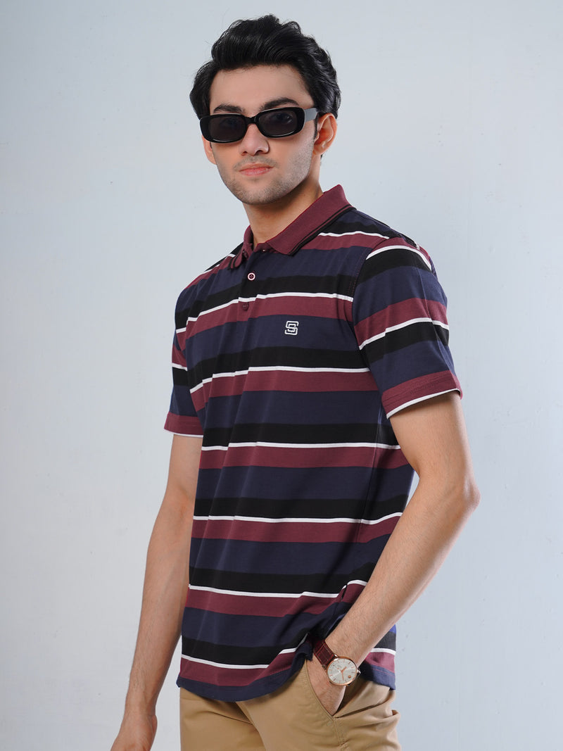 Maroon Contrast Tipping Collar Half Sleeves Multi Color Striped Polo T-Shirt (POLO-516)