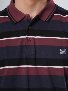 Maroon Contrast Tipping Collar Half Sleeves Multi Color Striped Polo T-Shirt (POLO-516)