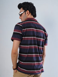 Maroon Contrast Tipping Collar Half Sleeves Multi Color Striped Polo T-Shirt (POLO-516)