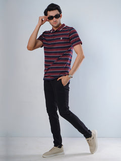 Maroon & Navy Blue Contrast Tipping Collar Half Sleeves Striped Polo T-Shirt (POLO-517)