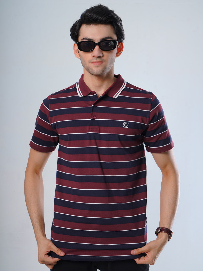 Maroon & Navy Blue Contrast Tipping Collar Half Sleeves Striped Polo T-Shirt (POLO-517)