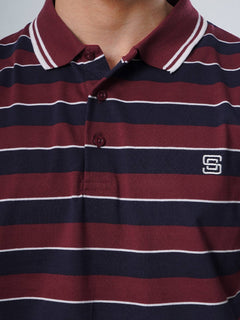 Maroon & Navy Blue Contrast Tipping Collar Half Sleeves Striped Polo T-Shirt (POLO-517)