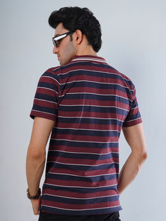 Maroon & Navy Blue Contrast Tipping Collar Half Sleeves Striped Polo T-Shirt (POLO-517)