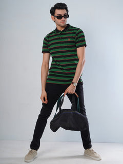 Black & Green Contrast Tipping Collar Half Sleeves Striped Polo T-Shirt (POLO-518)