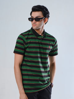 Black & Green Contrast Tipping Collar Half Sleeves Striped Polo T-Shirt (POLO-518)