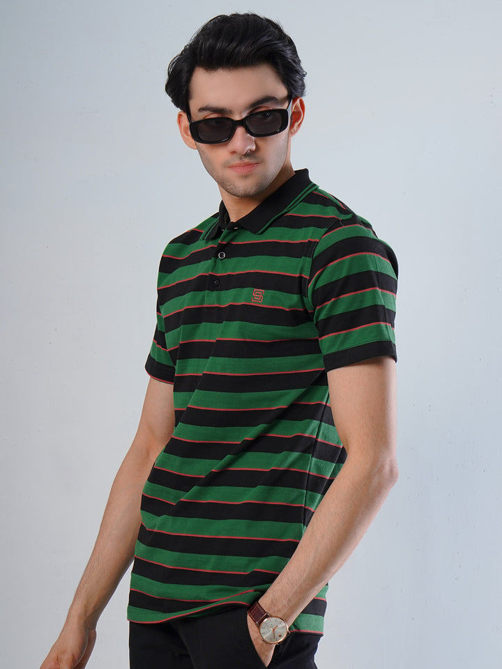 Black & Green Contrast Tipping Collar Half Sleeves Striped Polo T-Shirt (POLO-518)