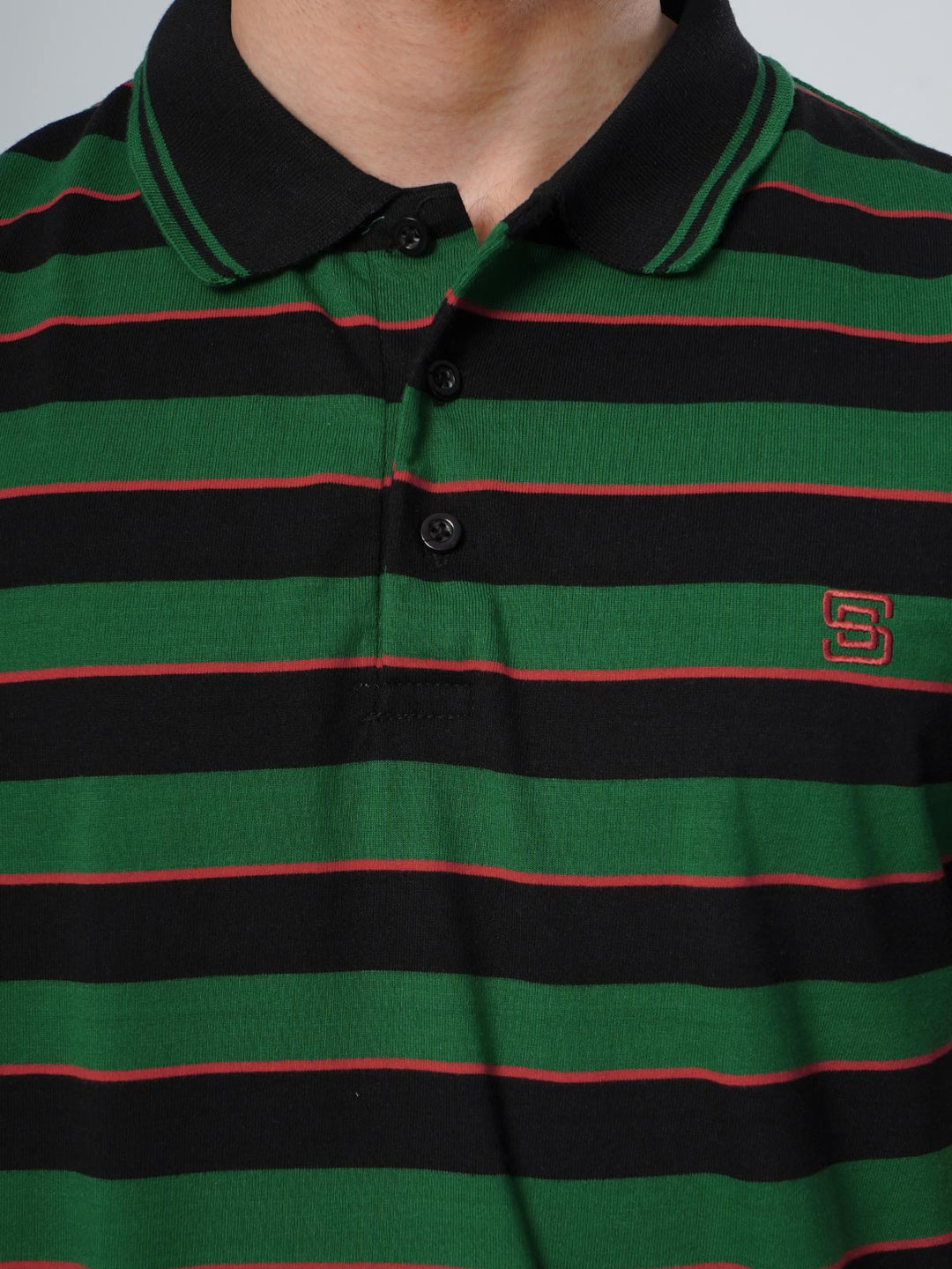 Black & Green Contrast Tipping Collar Half Sleeves Striped Polo T-Shirt (POLO-518)