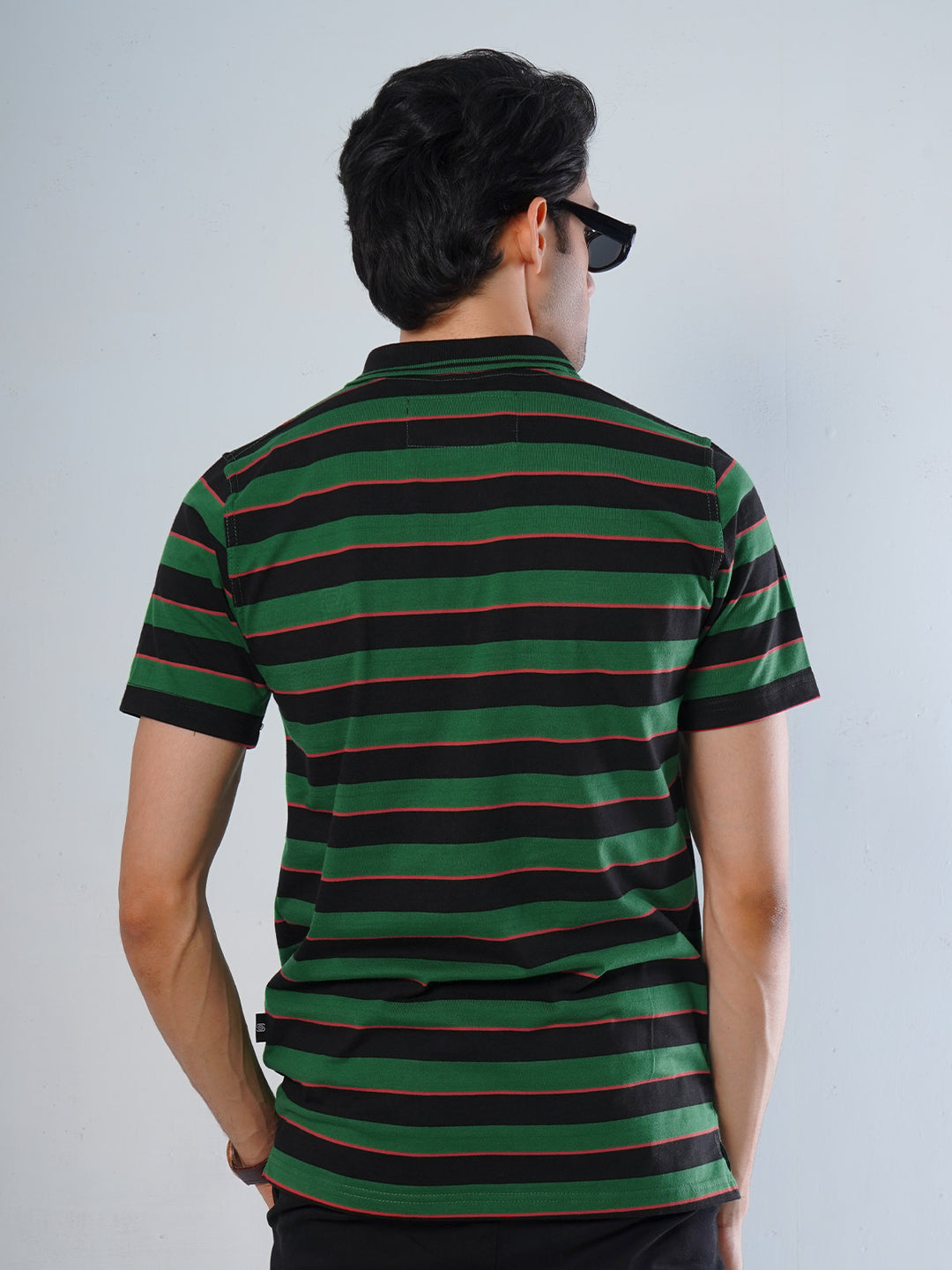 Black & Green Contrast Tipping Collar Half Sleeves Striped Polo T-Shirt (POLO-518)