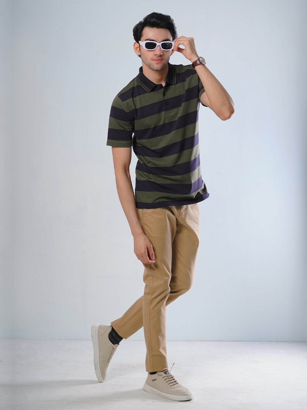 Navy Blue and Olive Contrast Tipping Collar Half Sleeves Striped Polo T-Shirt (POLO-519)