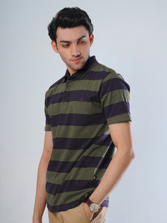 Navy Blue and Olive Contrast Tipping Collar Half Sleeves Striped Polo T-Shirt (POLO-519)