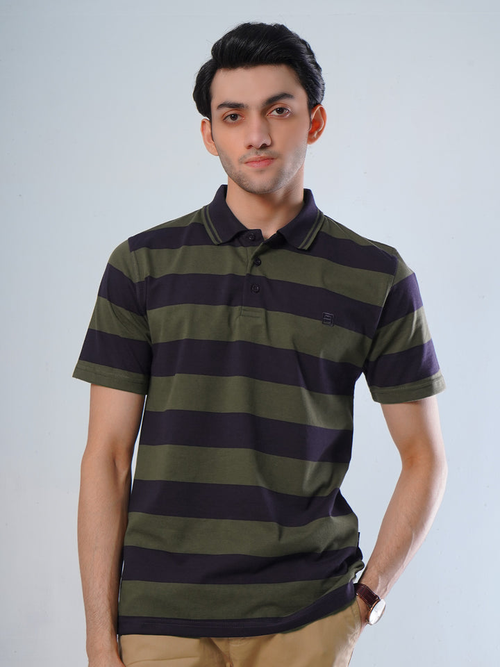 Navy Blue and Olive Contrast Tipping Collar Half Sleeves Striped Polo T-Shirt (POLO-519)