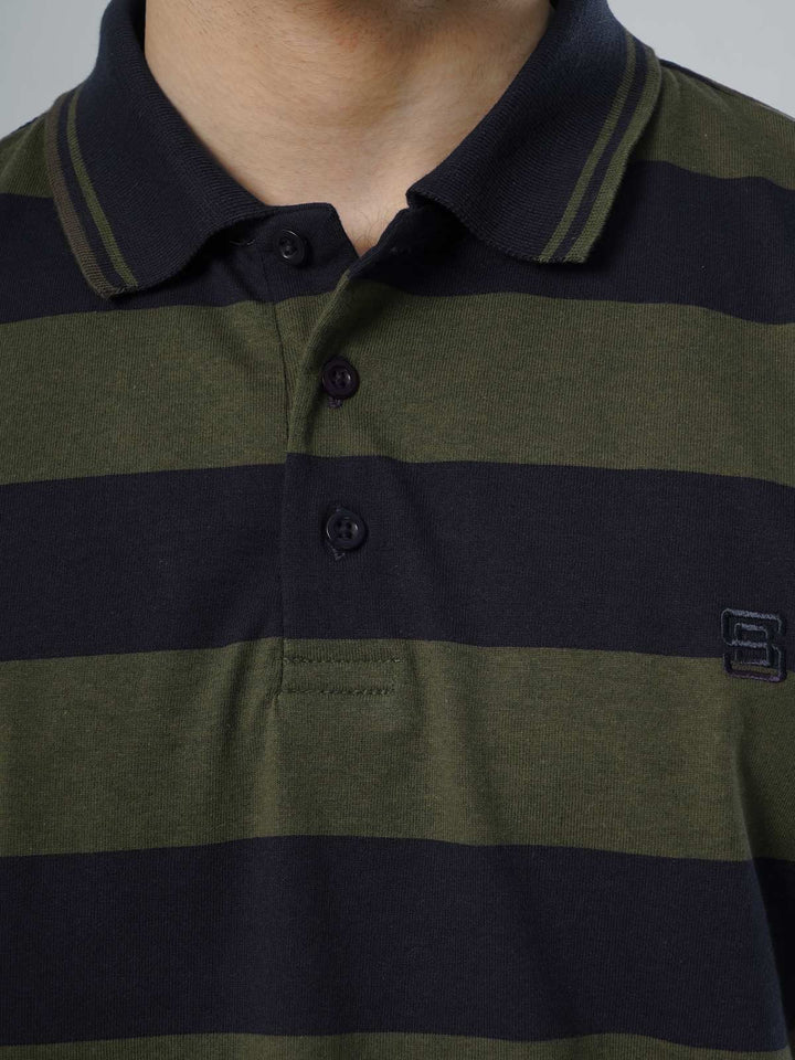 Navy Blue and Olive Contrast Tipping Collar Half Sleeves Striped Polo T-Shirt (POLO-519)