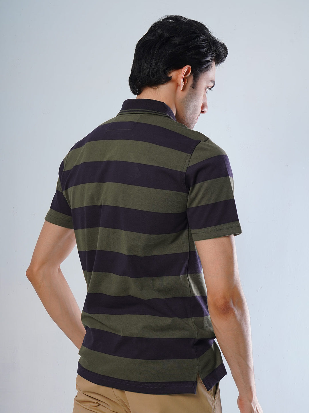 Navy Blue and Olive Contrast Tipping Collar Half Sleeves Striped Polo T-Shirt (POLO-519)