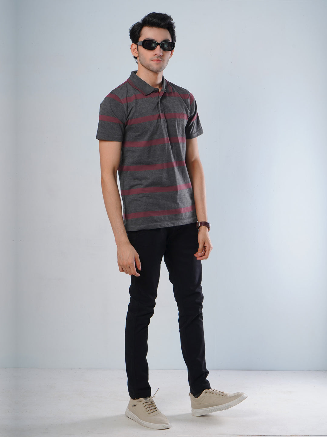 Dark Grey & Maroon Contrast Tipping Collar Half Sleeves Striped Polo T-Shirt (POLO-520)