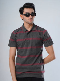 Dark Grey & Maroon Contrast Tipping Collar Half Sleeves Striped Polo T-Shirt (POLO-520)