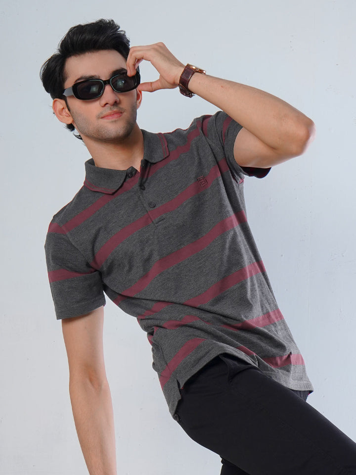 Dark Grey & Maroon Contrast Tipping Collar Half Sleeves Striped Polo T-Shirt (POLO-520)