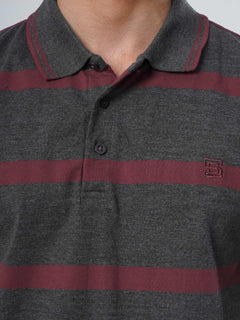 Dark Grey & Maroon Contrast Tipping Collar Half Sleeves Striped Polo T-Shirt (POLO-520)