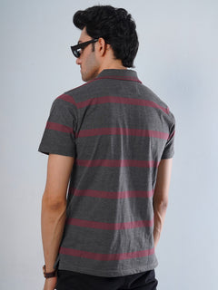 Dark Grey & Maroon Contrast Tipping Collar Half Sleeves Striped Polo T-Shirt (POLO-520)