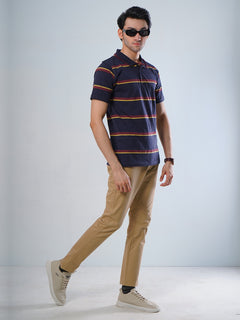 Navy Blue Contrast Tipping Collar Half SleevesMulti Color Striped Polo T-Shirt (POLO-521)