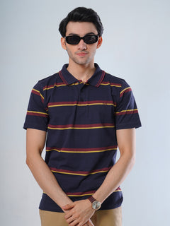 Navy Blue Contrast Tipping Collar Half SleevesMulti Color Striped Polo T-Shirt (POLO-521)