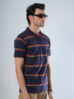 Navy Blue Contrast Tipping Collar Half SleevesMulti Color Striped Polo T-Shirt (POLO-521)