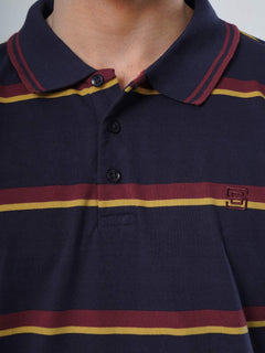 Navy Blue Contrast Tipping Collar Half SleevesMulti Color Striped Polo T-Shirt (POLO-521)