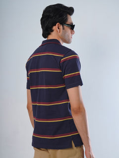 Navy Blue Contrast Tipping Collar Half SleevesMulti Color Striped Polo T-Shirt (POLO-521)