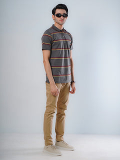 Dark Grey Contrast Tipping Collar Half Sleeves Multi Color Striped Polo T-Shirt (POLO-522)