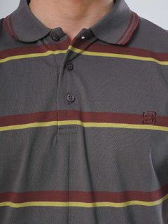 Dark Grey Contrast Tipping Collar Half Sleeves Multi Color Striped Polo T-Shirt (POLO-522)