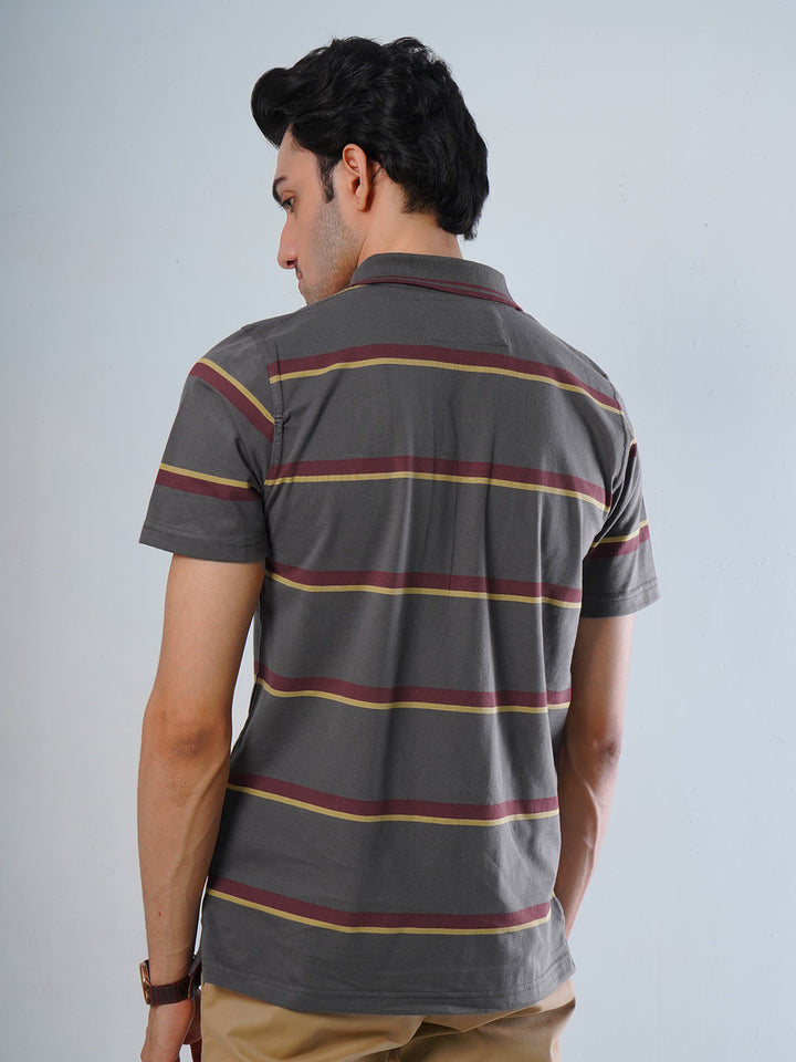 Dark Grey Contrast Tipping Collar Half Sleeves Multi Color Striped Polo T-Shirt (POLO-522)