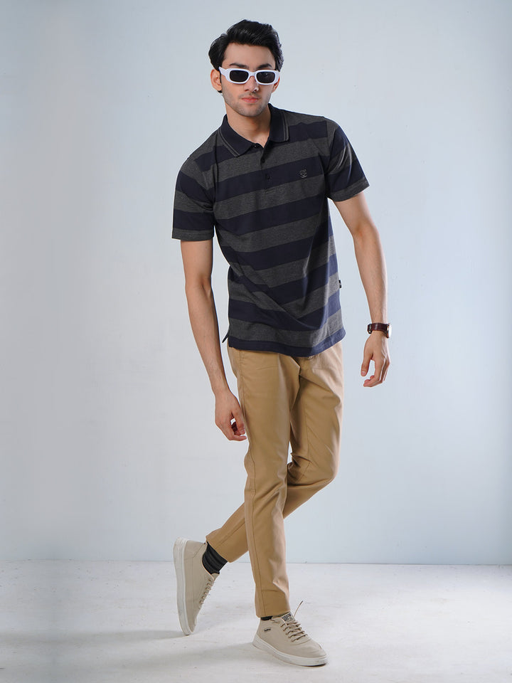 Charcoal Grey and Navy Contrast Tipping Collar Half Sleeves Striped Polo T-Shirt (POLO-523)