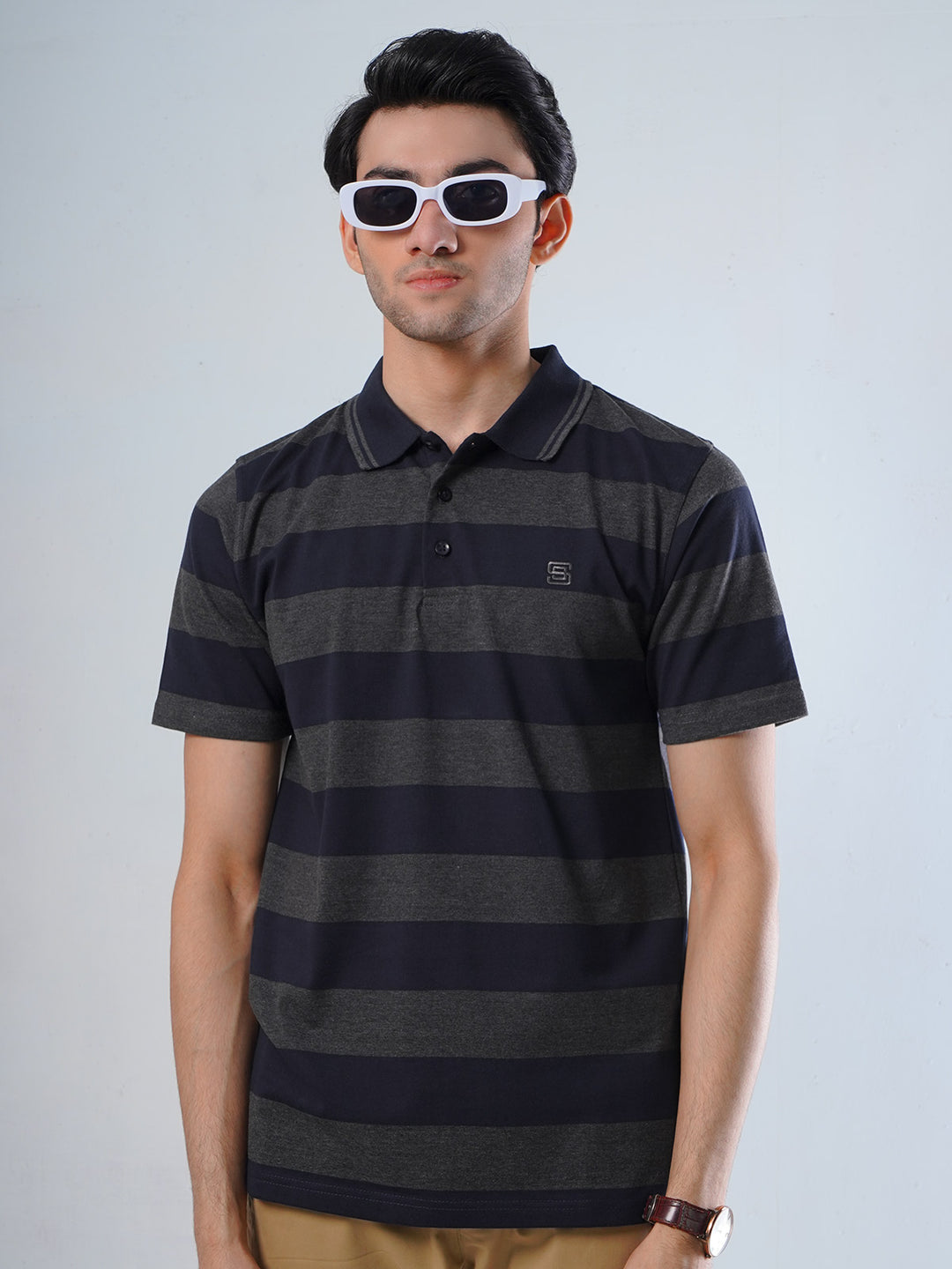 Charcoal Grey and Navy Contrast Tipping Collar Half Sleeves Striped Polo T-Shirt (POLO-523)