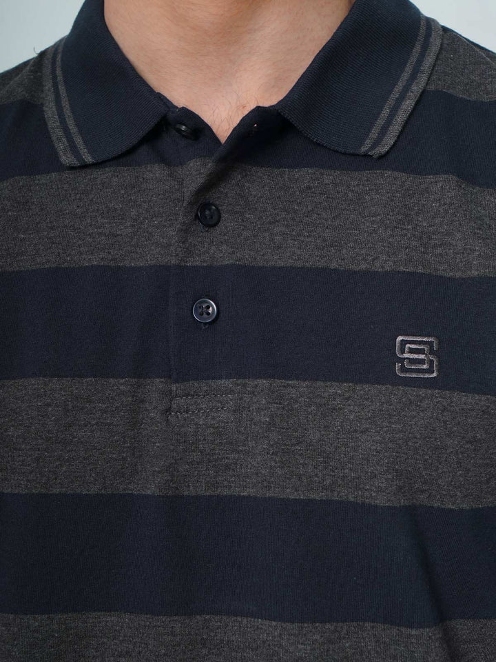 Charcoal Grey and Navy Contrast Tipping Collar Half Sleeves Striped Polo T-Shirt (POLO-523)