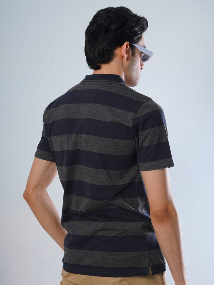 Charcoal Grey and Navy Contrast Tipping Collar Half Sleeves Striped Polo T-Shirt (POLO-523)