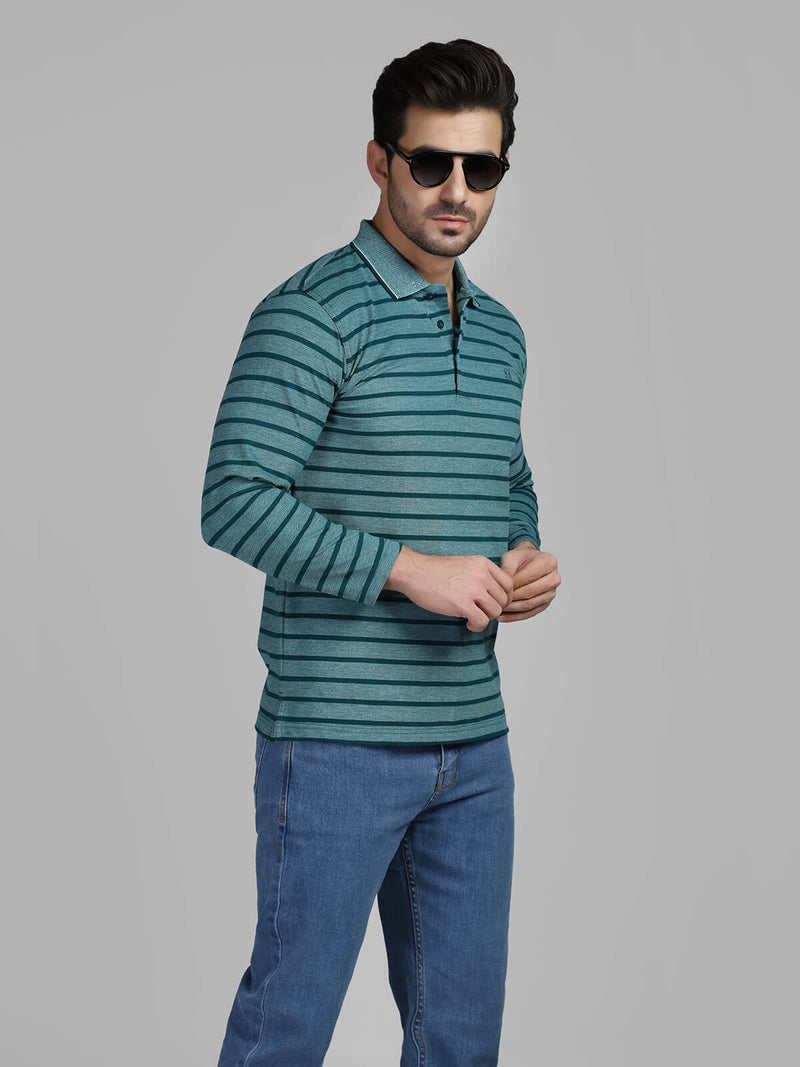 Self Striped Full Sleeves Dark Green Polo Shirt (POLO-242)