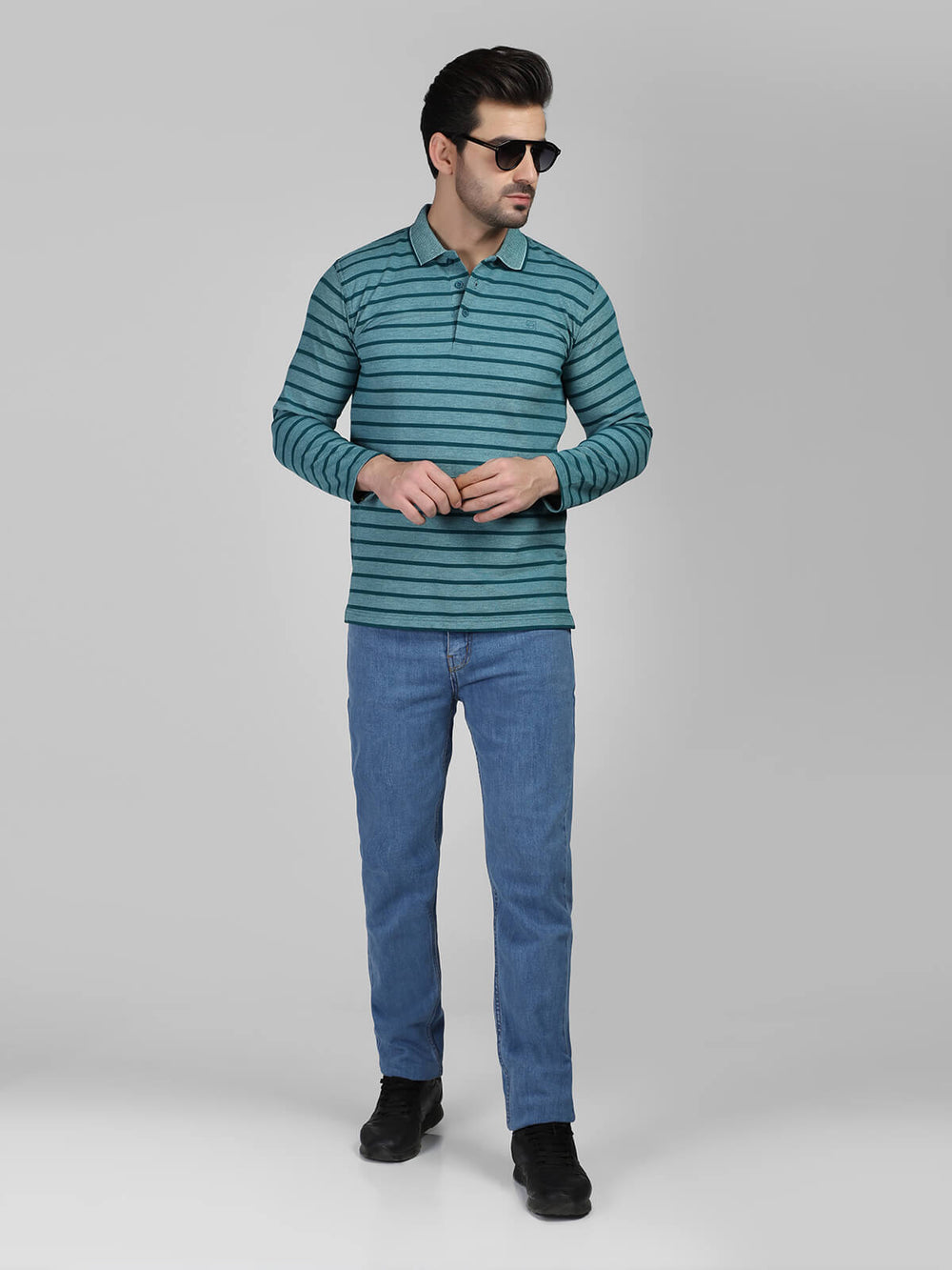 Self Striped Full Sleeves Dark Green Polo Shirt (POLO-242)