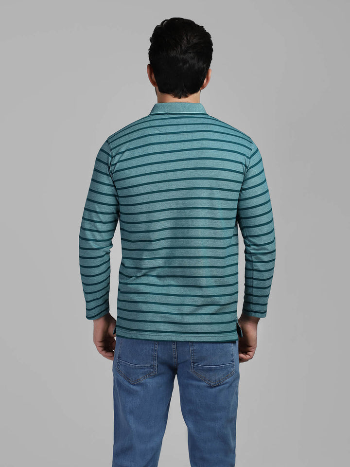 Self Striped Full Sleeves Dark Green Polo Shirt (POLO-242)