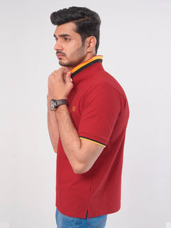 Red Plain Twin Contrast Lycra Elastane Half Sleeves Polo T-Shirt (POLO-469)