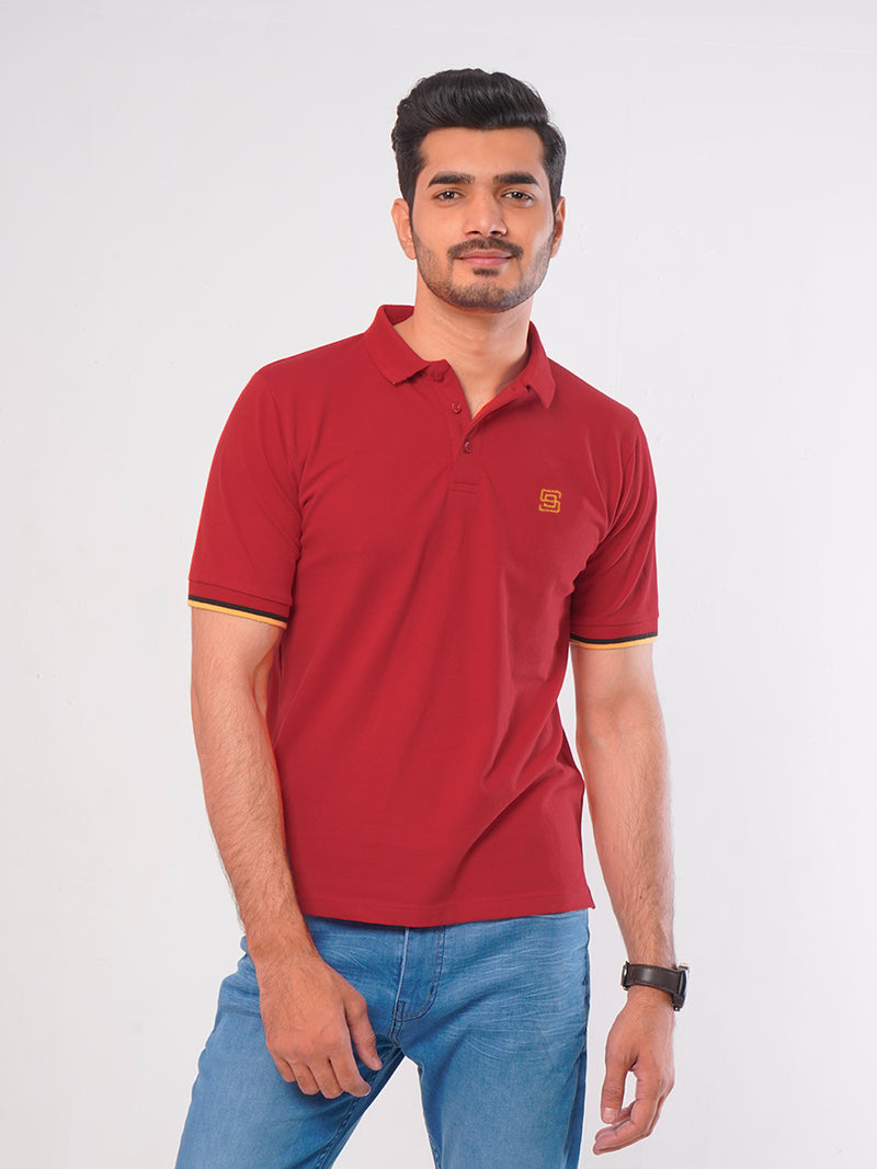 Red Plain Twin Contrast Lycra Elastane Half Sleeves Polo T-Shirt (POLO-469)