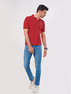 Red Plain Twin Contrast Lycra Elastane Half Sleeves Polo T-Shirt (POLO-469)