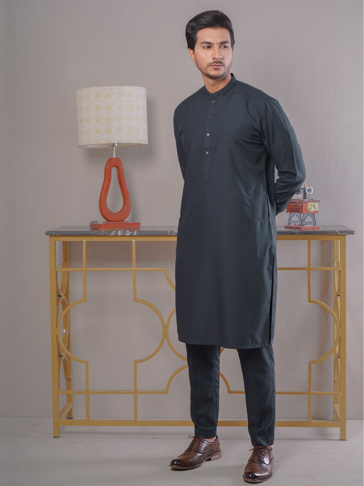 Dark Grey Self Exclusive Range Ban Collar Designer Kurta Pajama (SK-395)