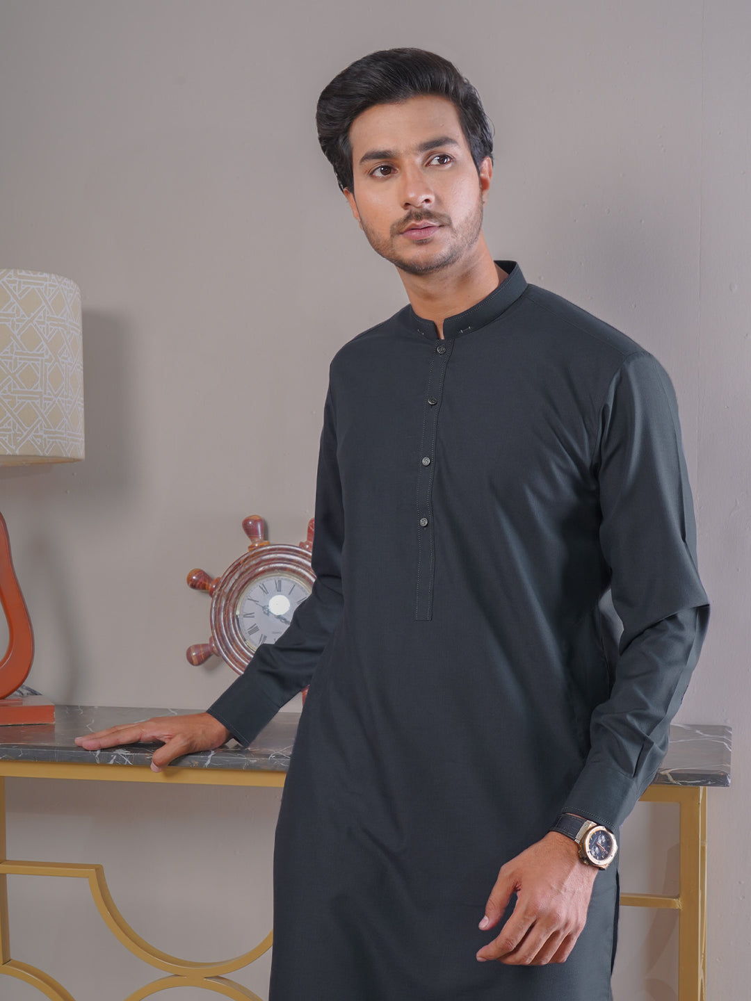 Dark Grey Self Exclusive Range Ban Collar Designer Kurta Pajama (SK-395)