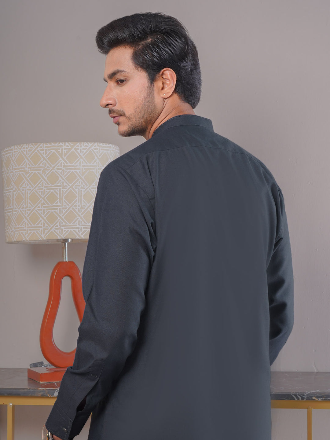 Dark Grey Self Exclusive Range Ban Collar Designer Kurta Pajama (SK-395)