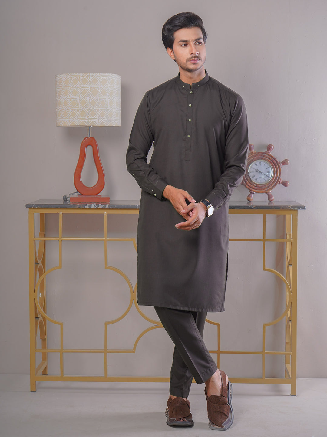 Dark Brown Self Exclusive Range Ban Collar Designer Kurta Pajama (SK-396)