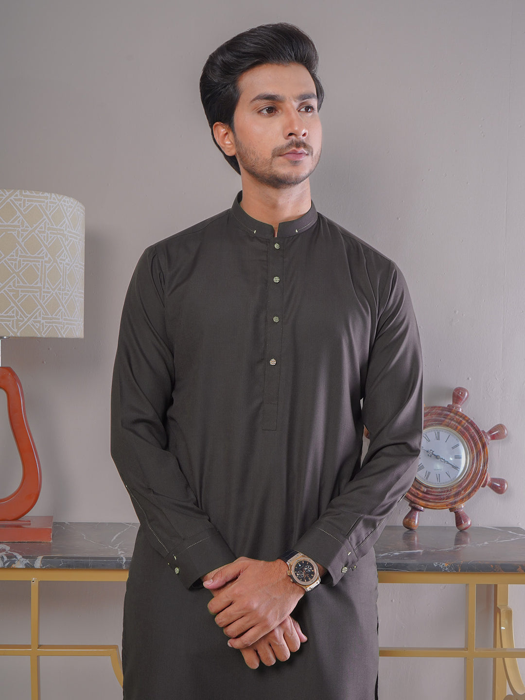 Dark Brown Self Exclusive Range Ban Collar Designer Kurta Pajama (SK-396)